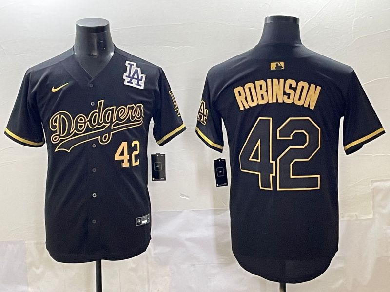Men 2025 Los Angeles Dodgers 42 Robinson Black Gold Five generations Nike MLB Jersey style 6